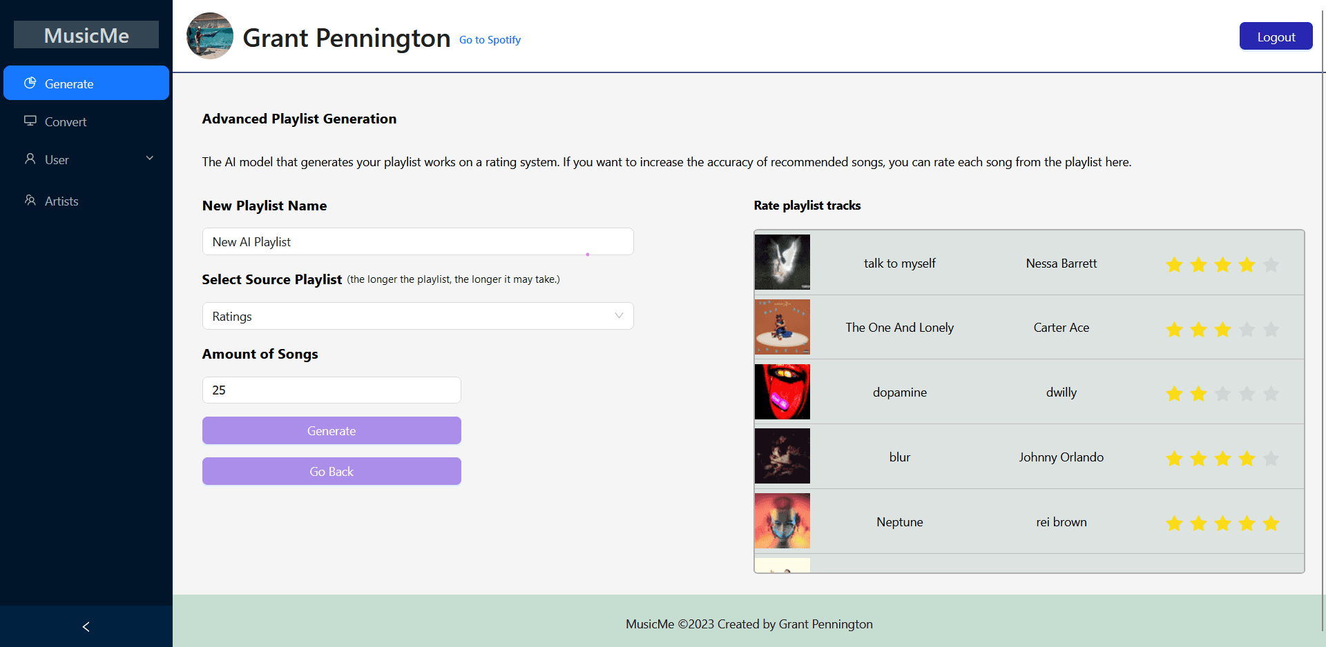 MusicMe playlist interface